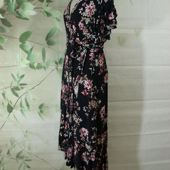 Black Pink Floral Ruffle Wrap Dress Chelsea & Violet Large Cottagecore Romantic - Picture 5 of 16